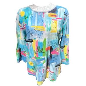 Jess & Jane Sz M* Santorini Abstract Print Long Sleeve Top USA Casual  *READ*